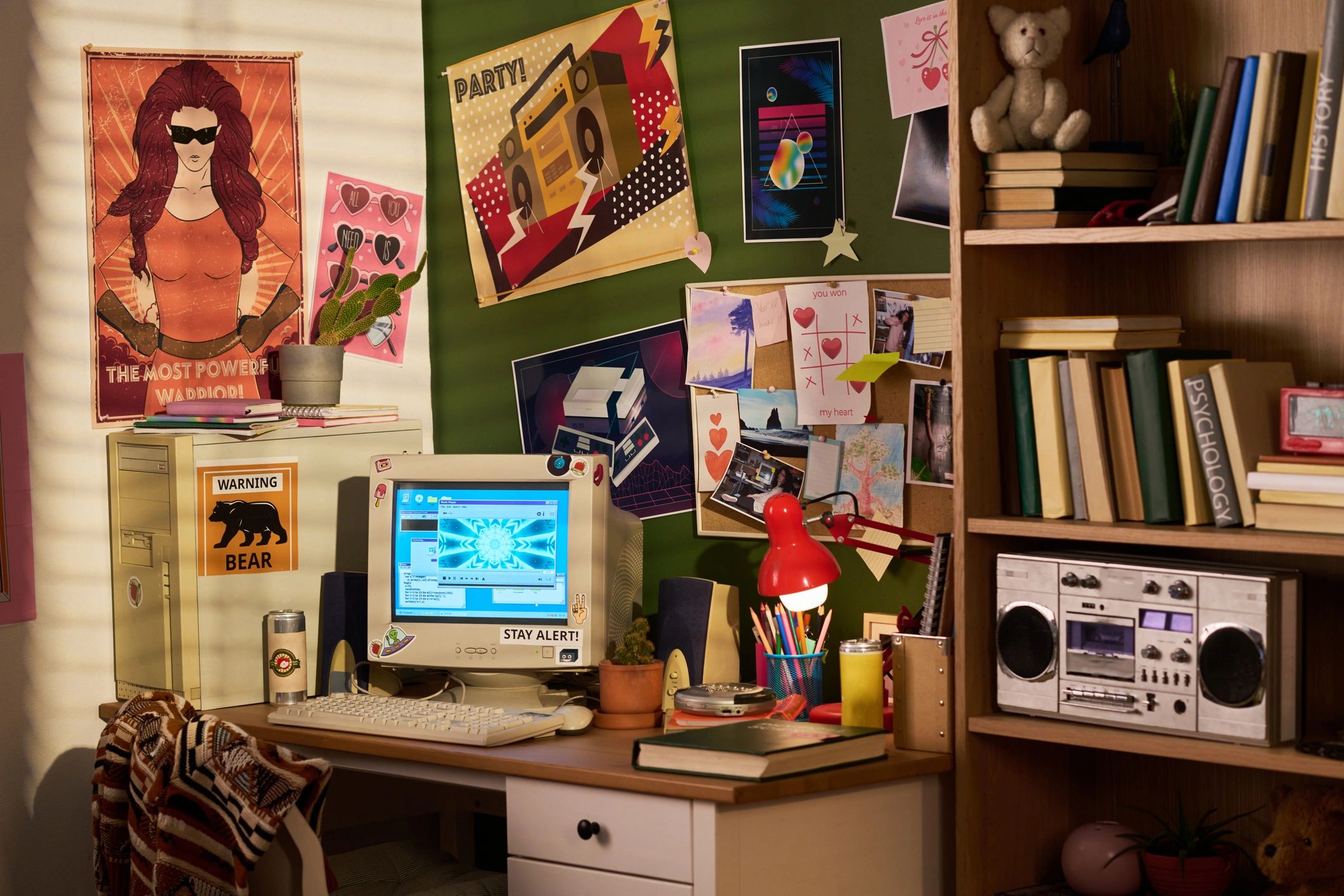 Editorial-style workspace with vintage media and technology references